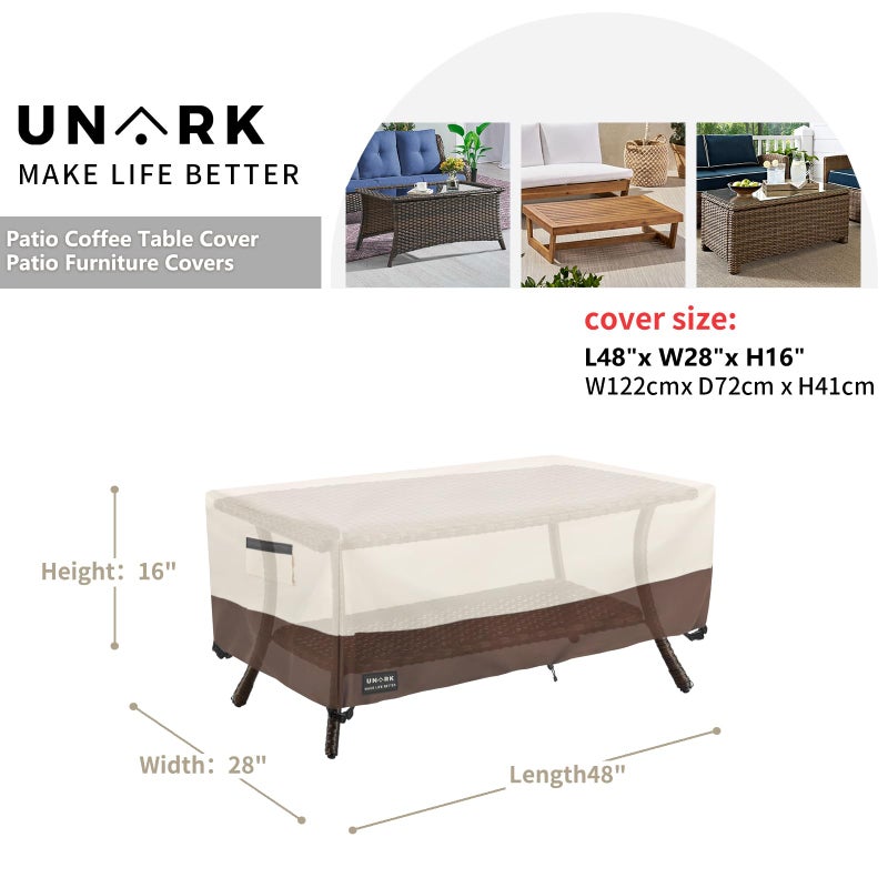 UNARK Outdoor Patio Coffee Table Cover, 600D Waterproof Heavy Duty Outdoor Table Cover, Patio Furniture Covers 48 x 28 x 16 inches Beige and Brown - Image 2